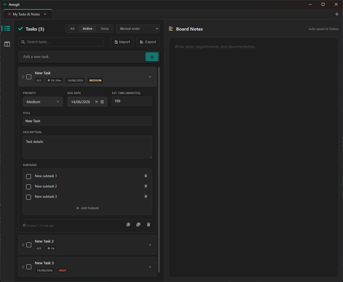 Quadro de tarefas do Arezgit para planejar e acompanhar o trabalho do repositório